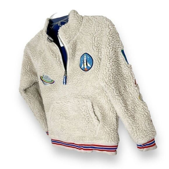 Mini Boden Ivory Space Race Embroidered Sherpa Half Zip Pullover Jacket 9-10 Yrs - Picture 3 of 10